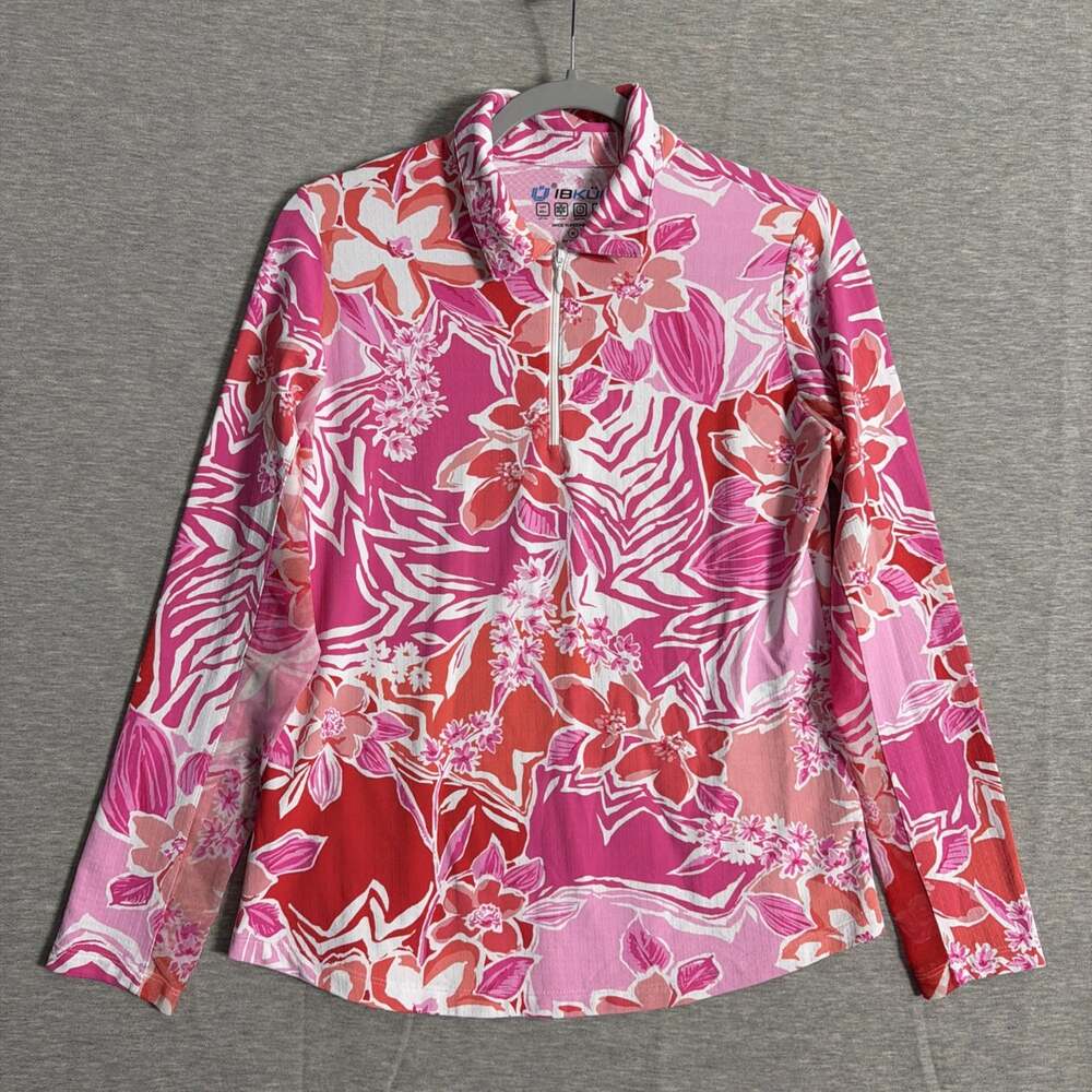 Ibkul Women's Size Medium Floral Printed Polyester 1/4 Zip Long Sleeve Sun Shirt
